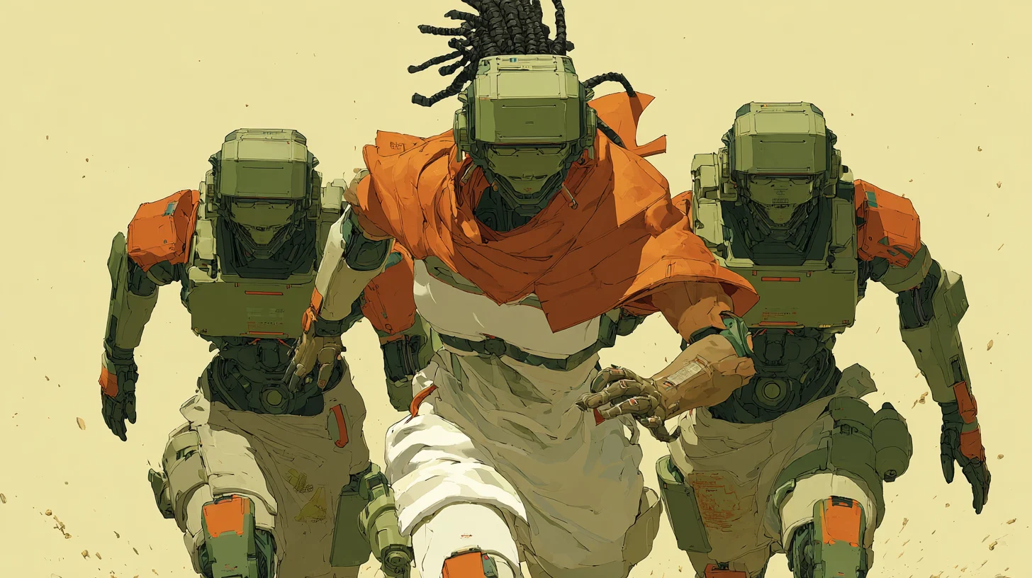 Rain charges forward in the combined green, iridium, and orange-red Uno armor.