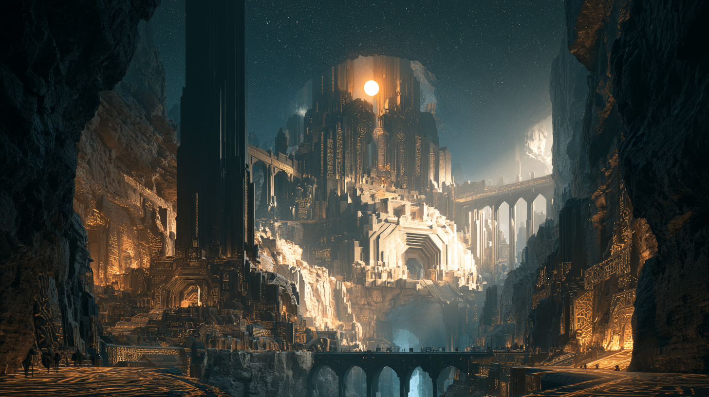A monumental underground Archive city glows with solar light among bridges and carved stone structures.