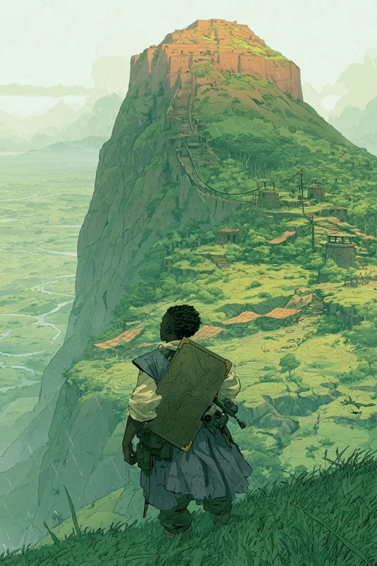 Eya studies a mountain citadel ahead while carrying a large map and cartographic gear.