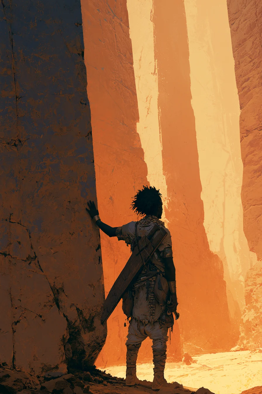 Eya stands at a monumental amber stone threshold during his Archive training.