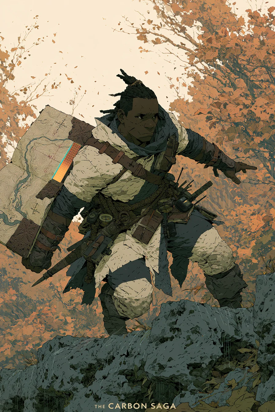 Eya climbs through autumn stone terrain carrying cartographic gear and the Obsidian Blade.