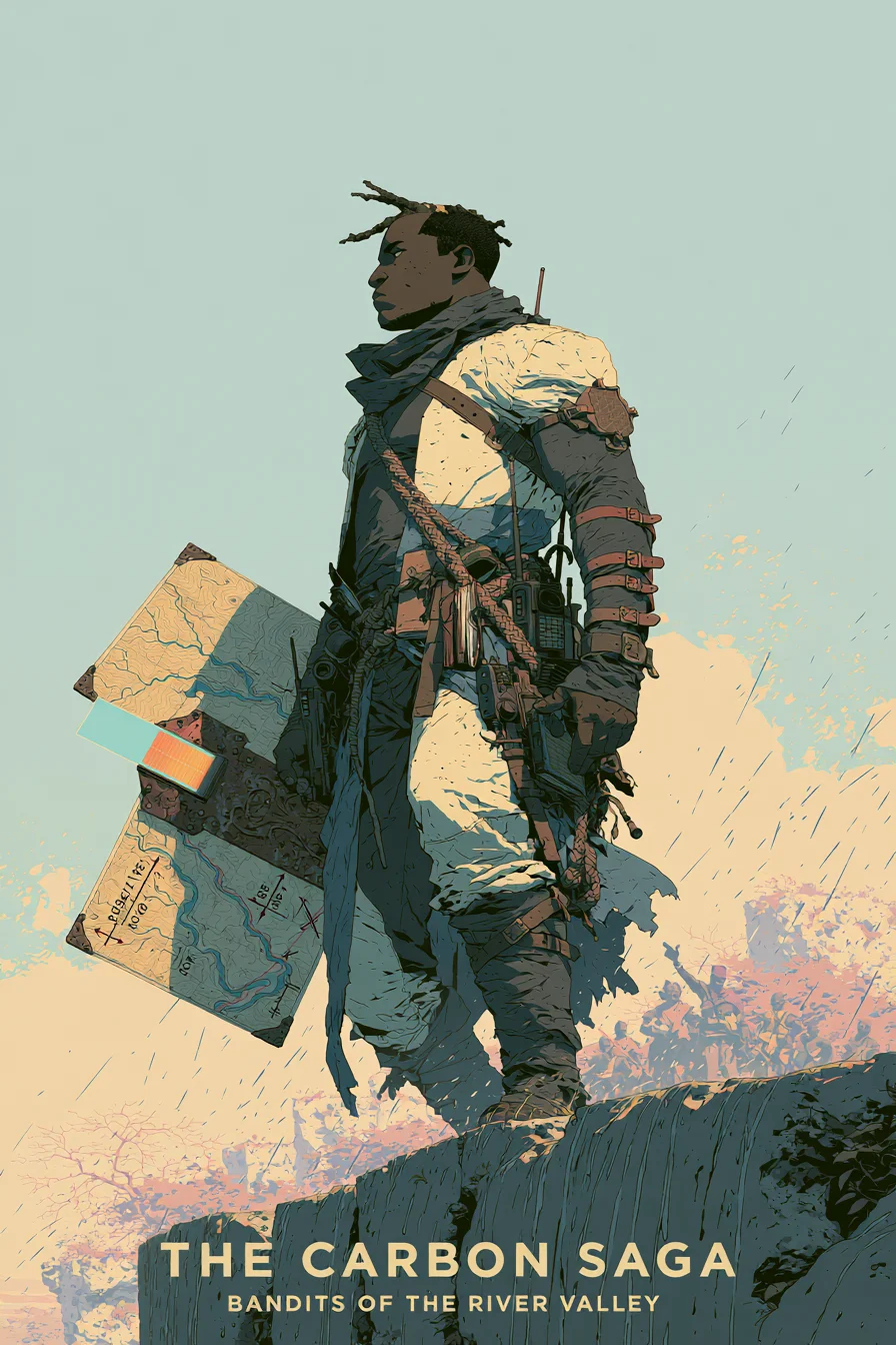 Eya stands with his large map, travel gear, and weapons at the end of his training.