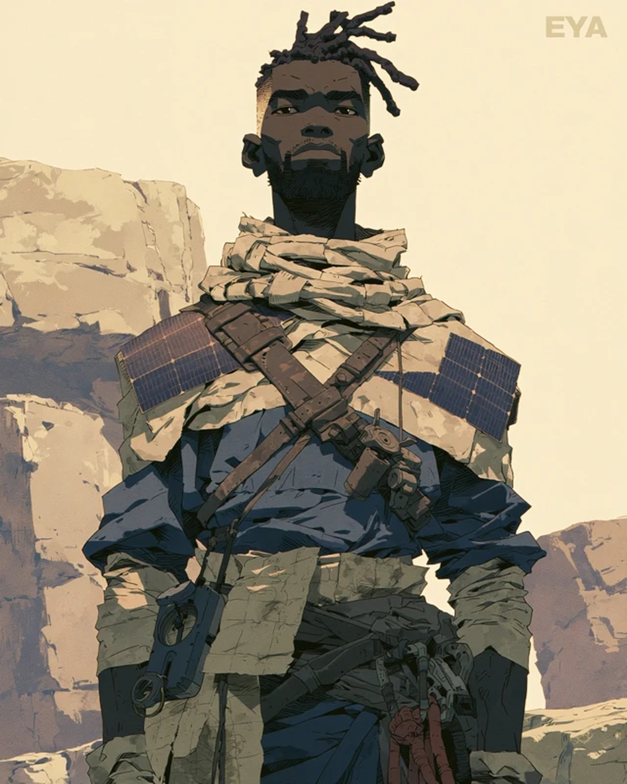 Eya stands in layered field clothes with maps, solar panels, and cartographic equipment.
