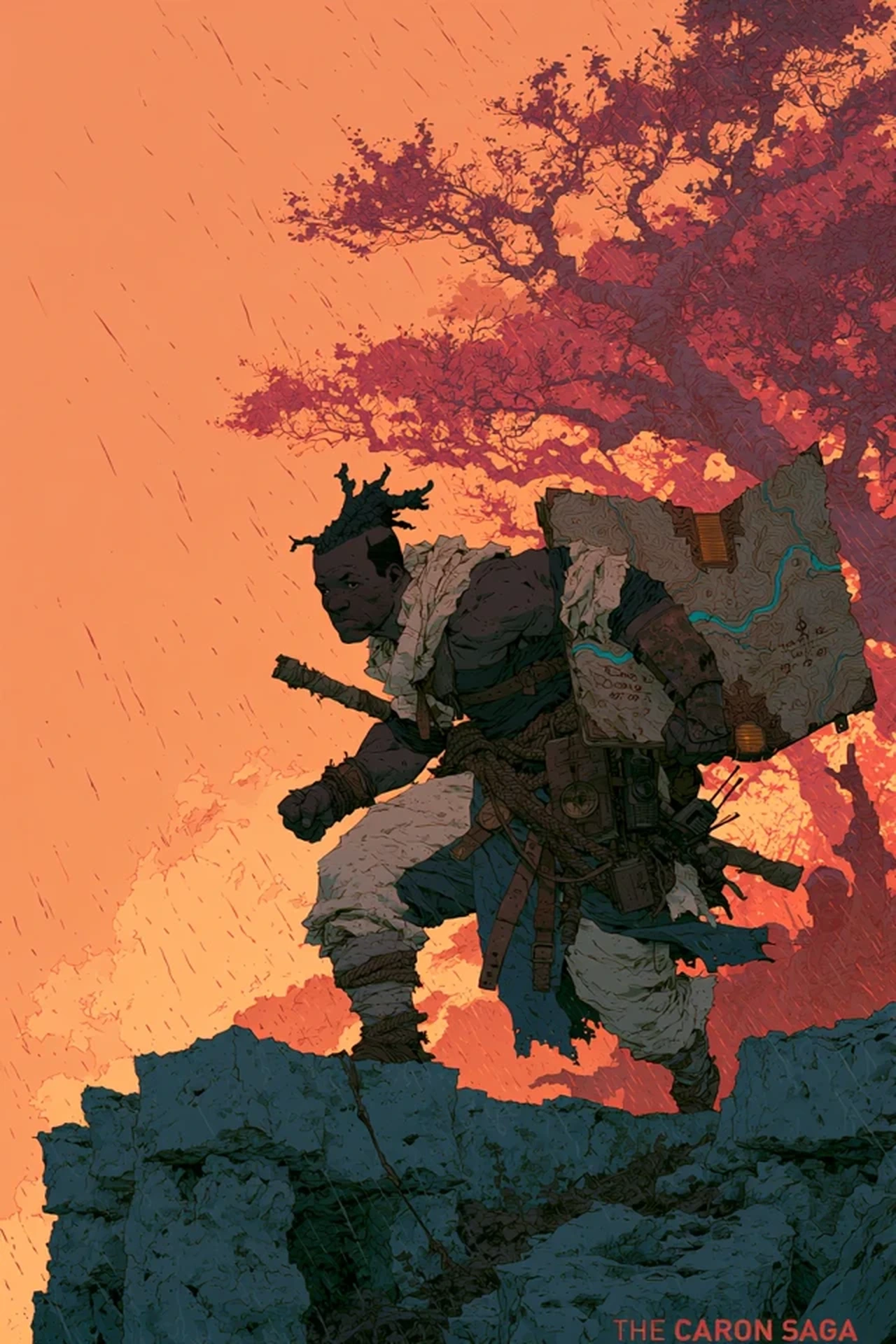 Eya climbs rough stone beneath an orange sky with his cartographic pack secured behind him.