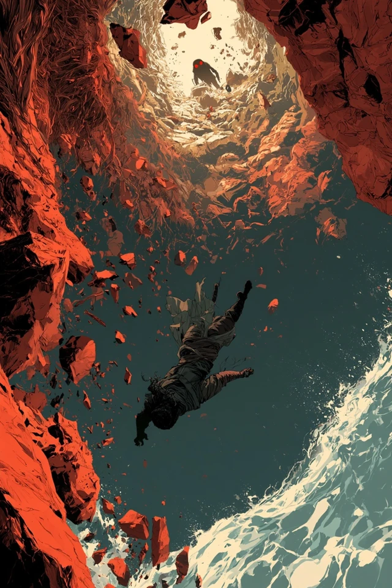 Eya falls through a red stone cavern toward dark underground water as a figure watches above.