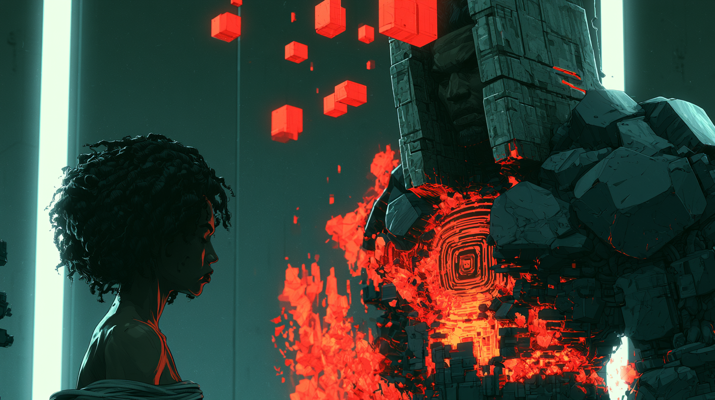 A woman faces a fractured stone intelligence surrounded by intense red digital geometry.
