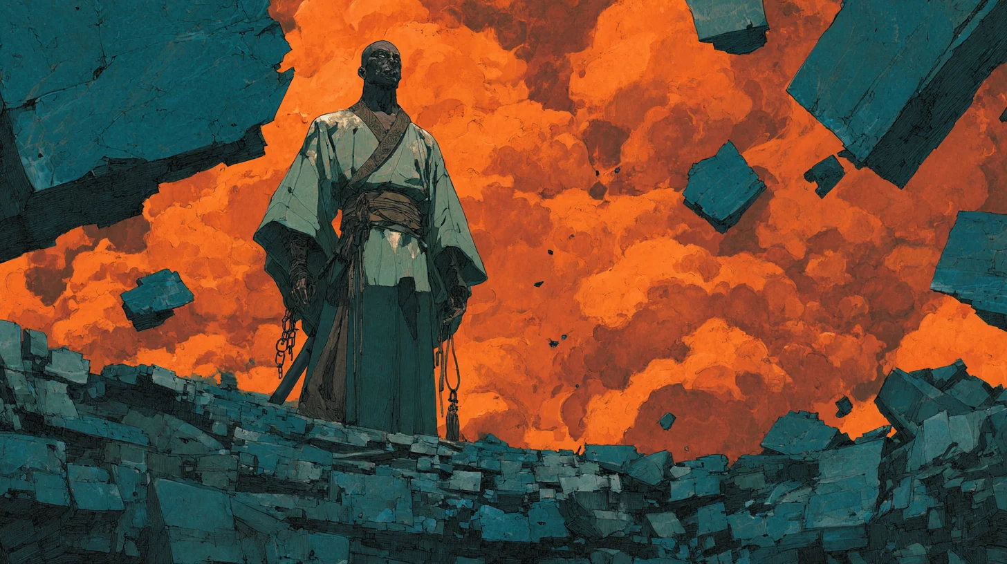 King Venzo stands above shattered stone beneath an orange sky after claiming the fallen object.