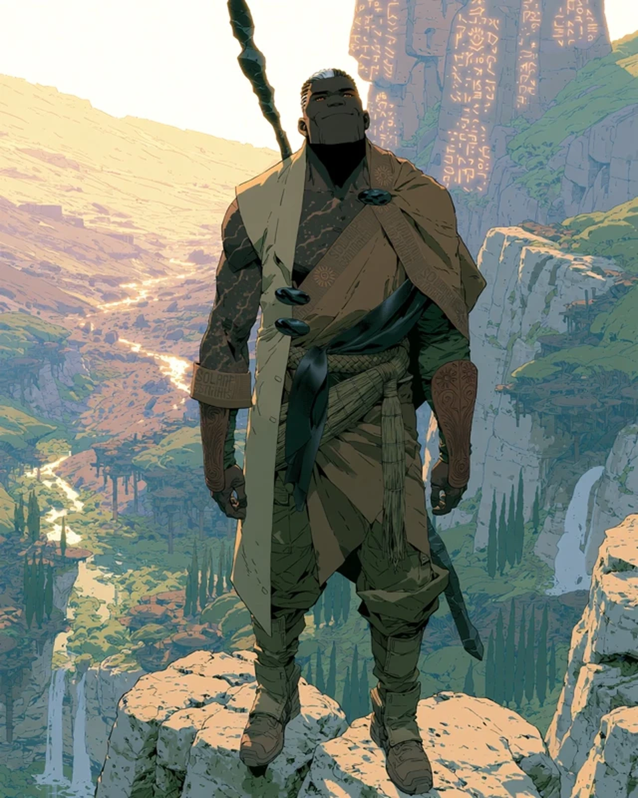 Mountain Marlow stands above a monumental river valley with carved stone structures behind him.