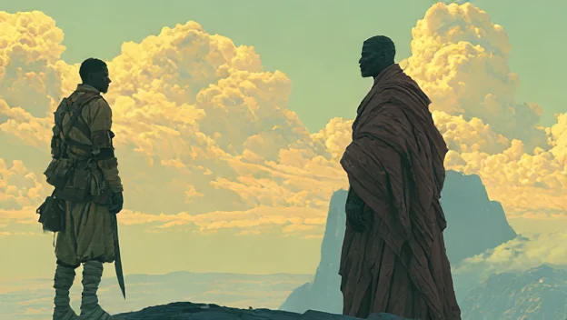 Mountain listens across an open ridge as Onaria begins telling Mazzi's story.