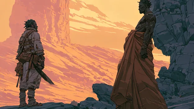 Mountain and Onaria face one another beneath an orange sky as she delivers Mazzi's warning.