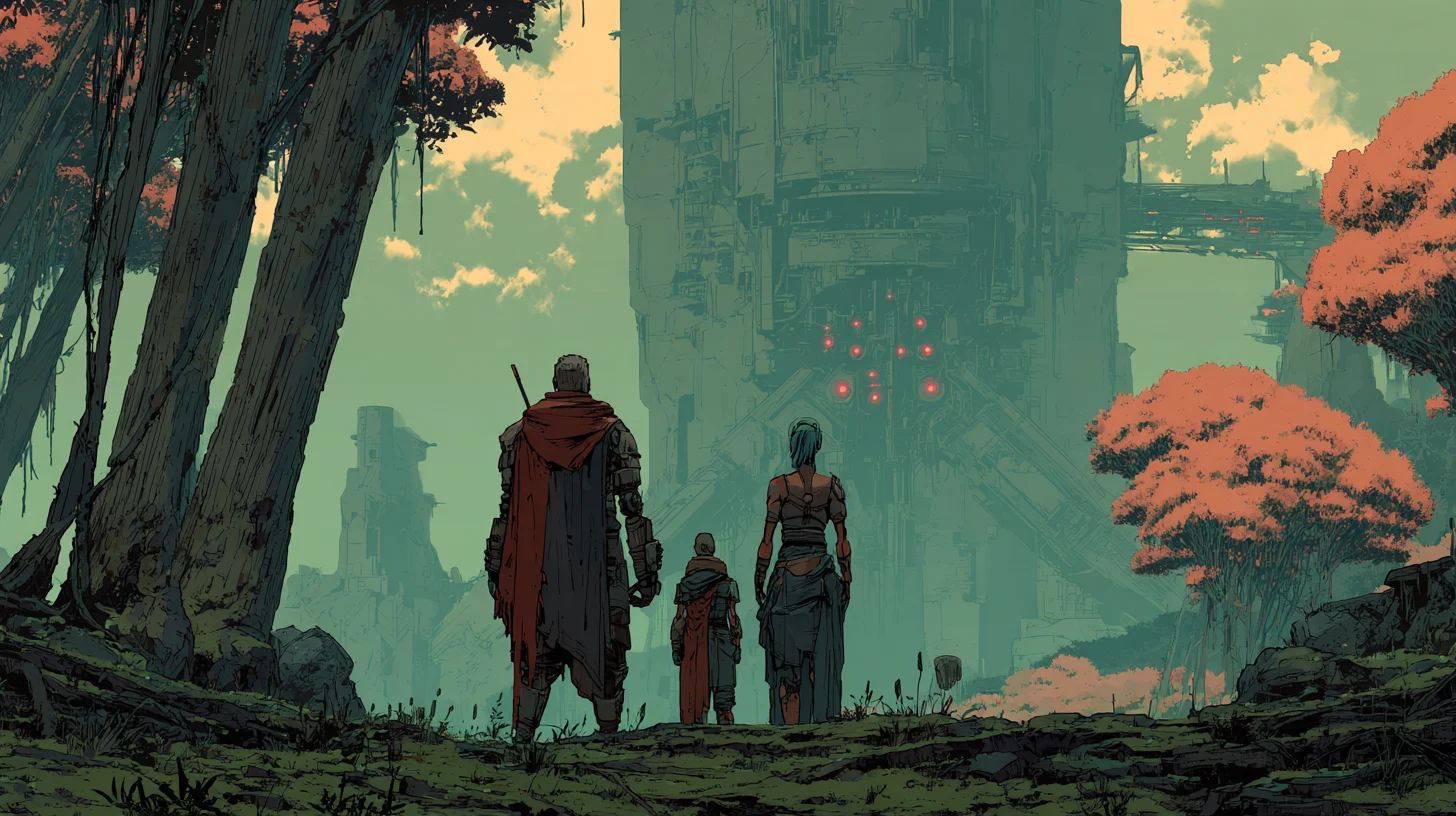 Mountain, Remus, and Onaria face the settlement as the larger machine perimeter emerges beyond it.