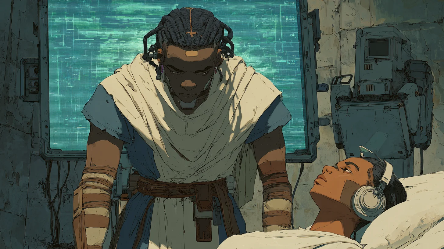Eya and Selene move through the silent settlement while searching for the source of Nocturne.