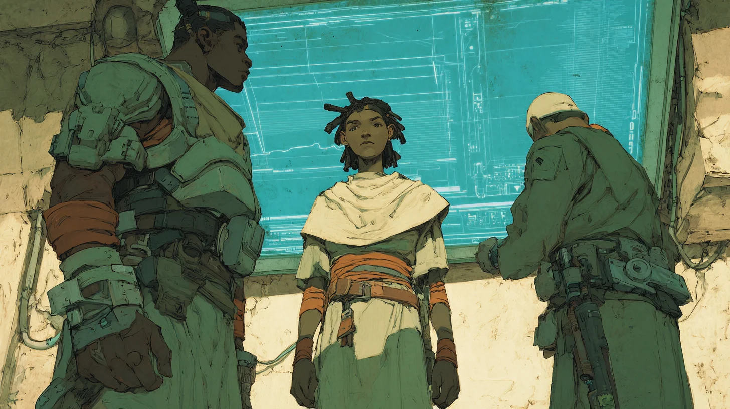 Selene confers with the Micronaut team around their neural maps beneath the clinic.