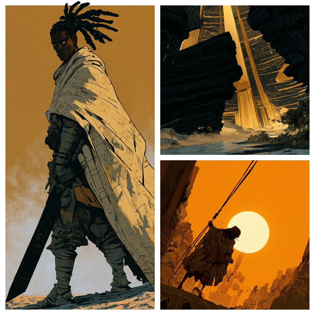 A graphic sequence records Eya, the Obsidian Blade, and its fiery arrival from the sky.