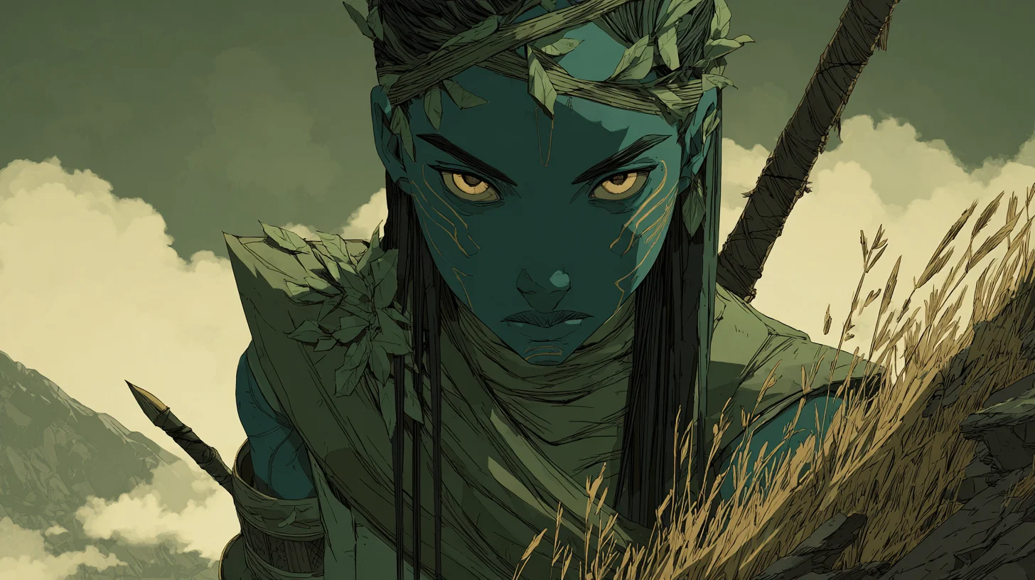Onaria emerges from the cold Aleutian fog with her weapon across her back.