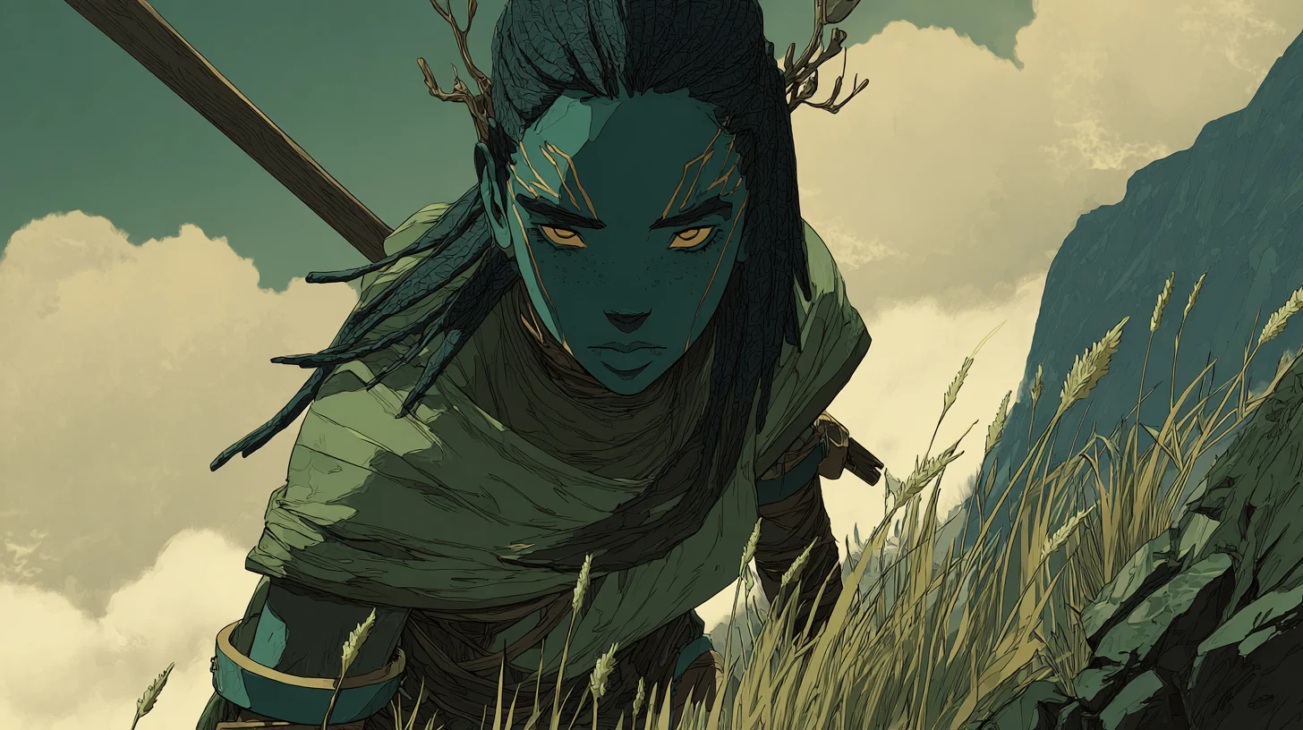 Onaria scans the ridge with a guarded expression after warning Mountain and Remus.