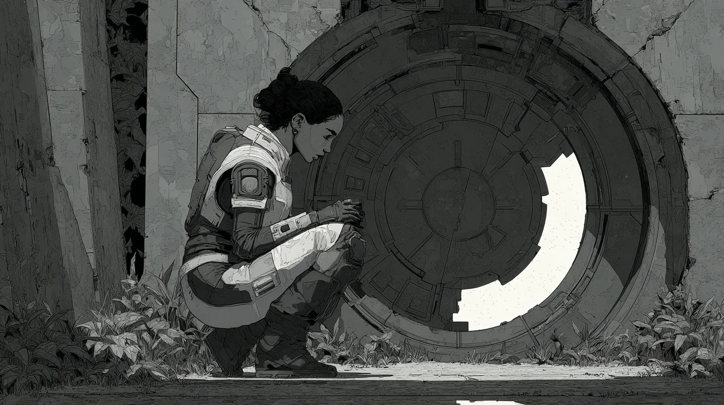Selene examines the sealed circular entrance to the inner Archive while waiting for Eya.