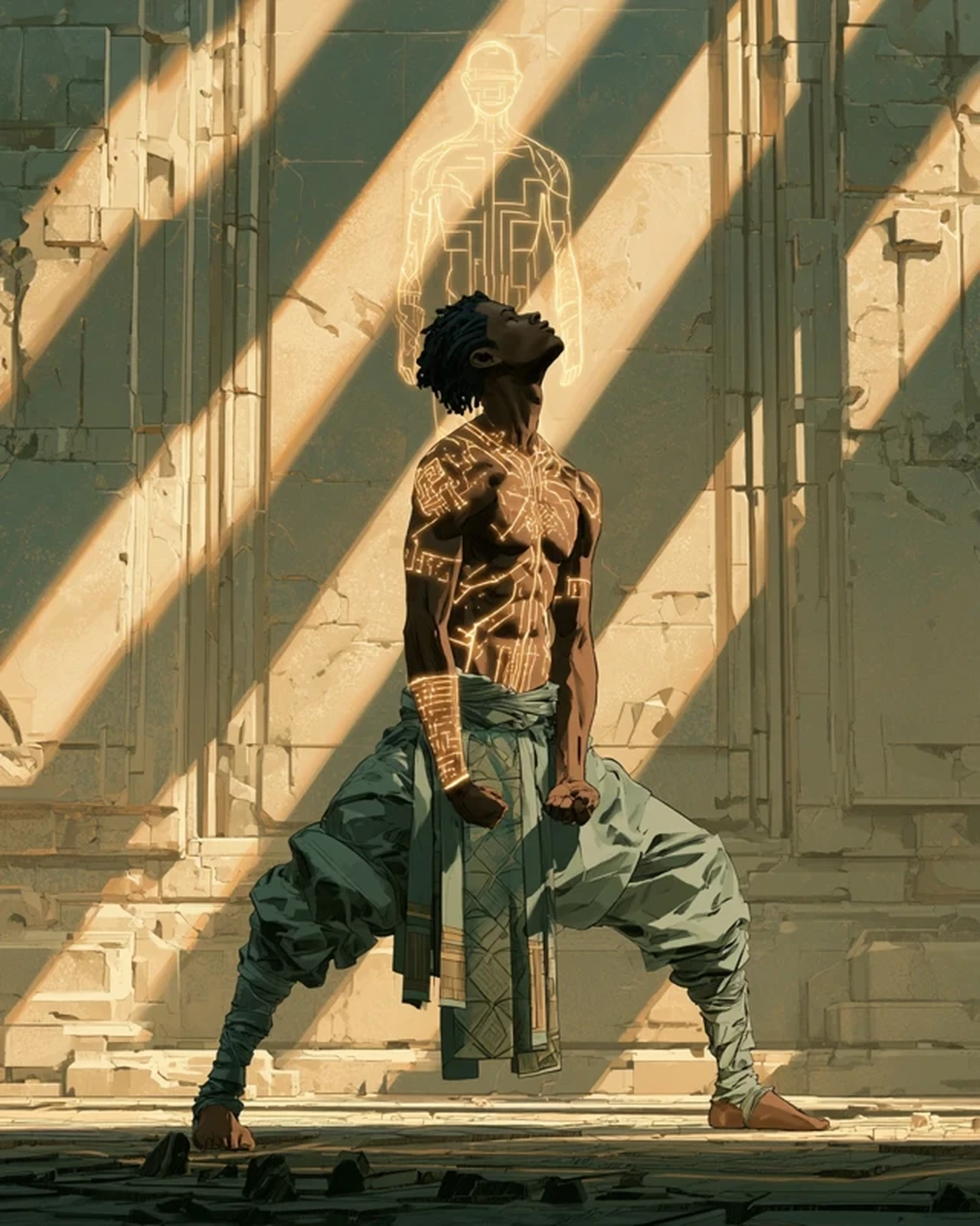 Eya holds a grounded training stance as glowing Solar Scripts trace across his body.