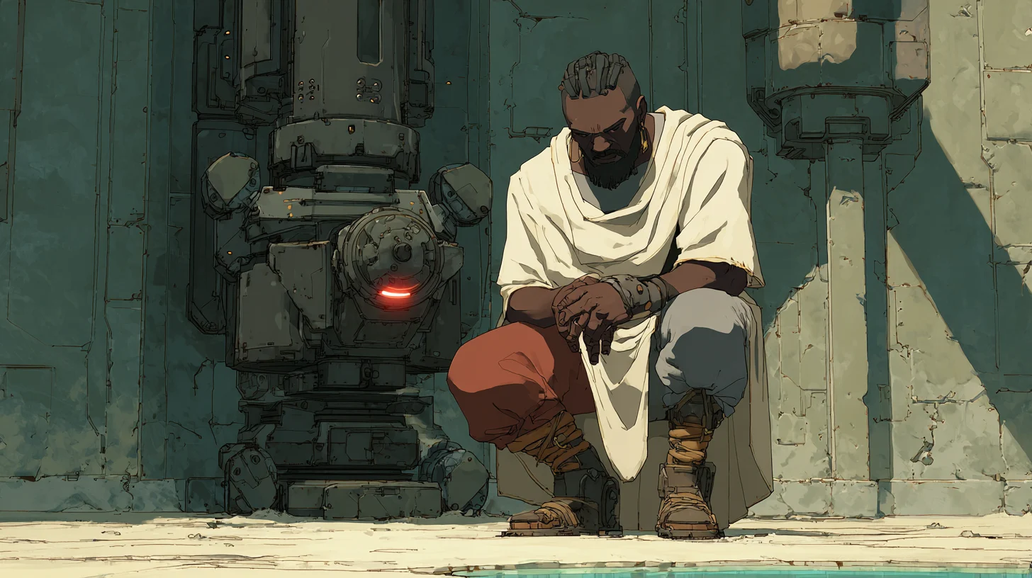 Eya crouches beside a motionless IOS after Selene severs the camp from its controller.