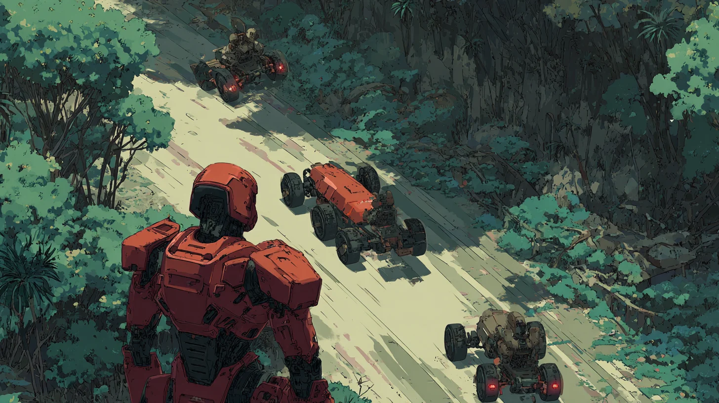 The Unos outmaneuver pursuing red IOS units along a forest road.