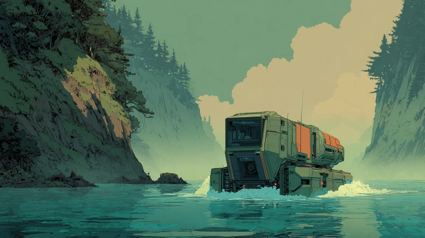 The Uno vehicle crosses open water toward the distant floating computer island.
