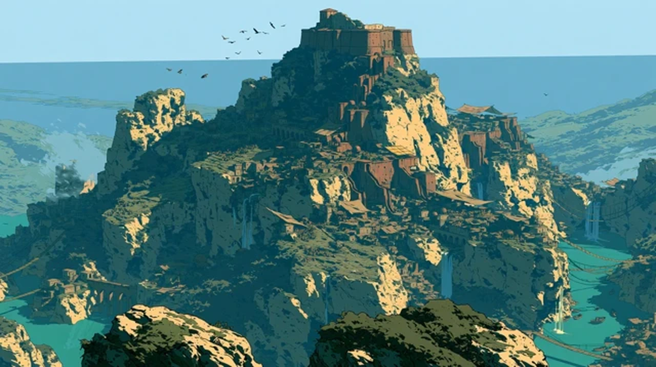 A sprawling Wata citadel rises from a steep green mountain above the surrounding valleys.